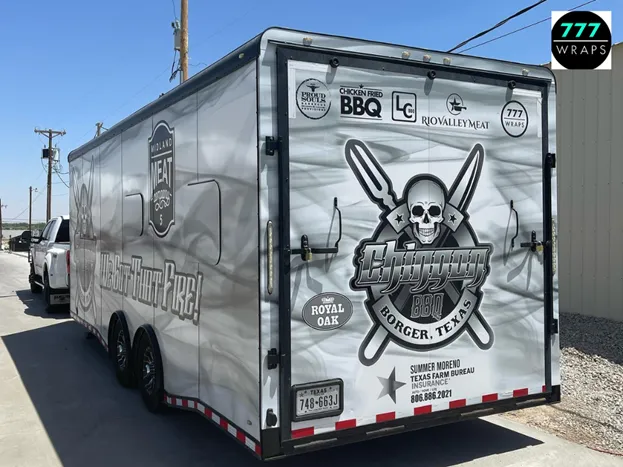 Food trailer wrap for Cowtown BBQ in Borger, Texas, showing a detailed commercial wrap by 777 Wraps Amarillo.