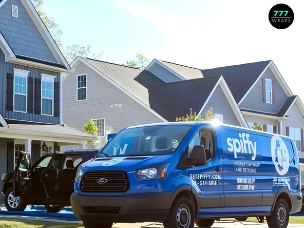 A wrapped company van parked in front of a residential home or local business.